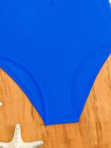 SHEIN 女童拼色蝴蝶印花连体泳衣 - 寶藍色 - 查看 5
