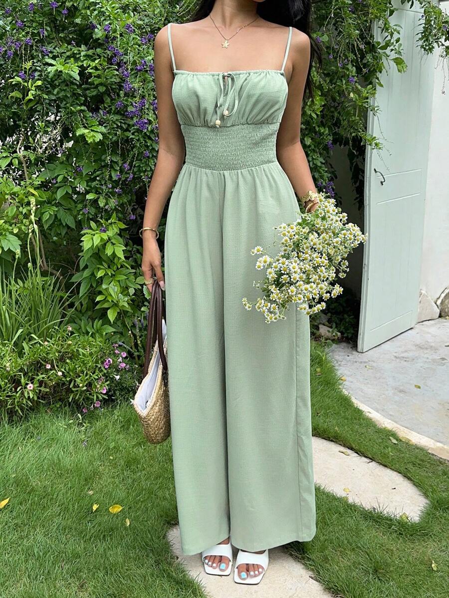 SHEIN EZwear Women's Green Casual Waist Tie Wide Leg Sleeveless Jumpsuit For Vacation