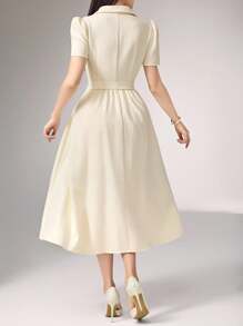 Heiryn Women's Plain Color Puff Sleeve Contrast Lace Elegant Mid-Length Dress