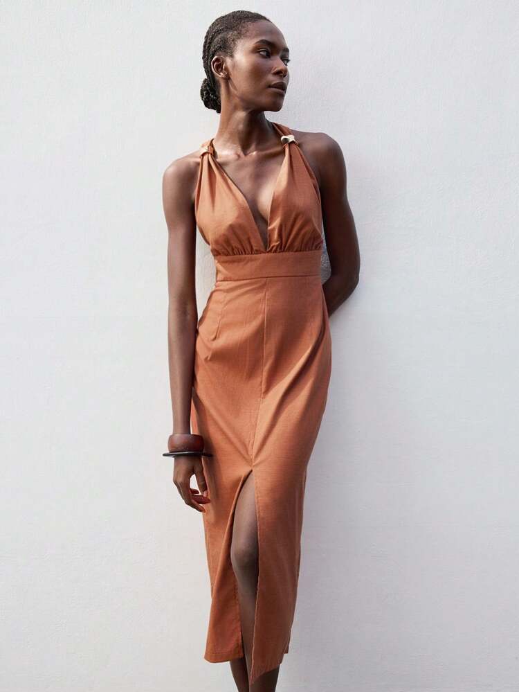 SHEIN Maija New Spring/Summer Brown Shoulder Metal Buckle Decor Urban Resort Modern Elegant Romantic Lady's Mid-Length Dress, Suitable For Outings, Holiday Parties, Music Festivals, Vintage Style Brunch Outfit