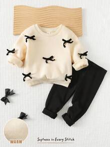 Cozy Pixies 2件套女婴装饰蝴蝶结针织柔软圆领长袖运动衫和松紧腰长裤套装 女婴保暖套装 婴儿休闲套装 女婴冬装 女婴秋冬装套装 婴儿蝴蝶结套装 - 杏色 - 查看 3