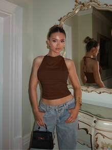 Glamine 1pc Women's Solid Color Ruched Halter Backless Top Fall Women Clothes Back To School Halloween, Christmas - Brown - View 3