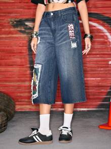 Astro Boy X ROMWE Pantaloni capri in denim con grafica di figure cartoni animati per donne