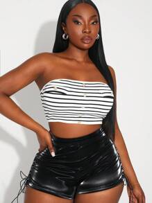 SHEIN SXY Plus Size Women Black & White Striped Crop Top With Metal Buckle Decor, Knit - Black and White - View 3