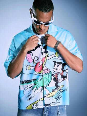 Betty Boop | ROMWE Chemise ample à imprimé dessin animé, style décontracté de vacances pour hommes, été