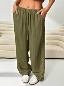 Solflare Pantalón cargo de mujer talla grande, holgado, tejido, en verde olivo