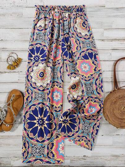 SHEIN LUNE 大码女式节日花卉印花荷叶边腰带宽松阔腿裤