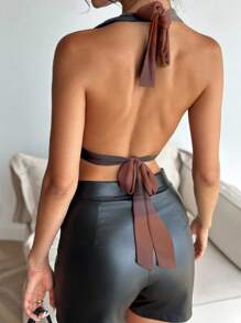 Aloruh Women's Deep Draped Neck Halter Ruched Metal Decor Sexy & Elegant Tank Top, Suitable For Summer, Gradient & Tie-Dye Printing Chocolate Brown Top Halter Top Suitable For Going Out,Off The Shoulder Top - Multicolor - View 2