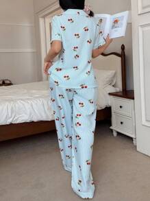 SHEIN Comfortable Women's Cherry Patterned Pajama Set With Regular Fit And Relaxed Style Cherry Pajama Set - Baby Blue - View 2