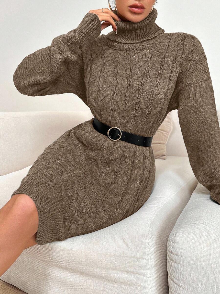 EURMUSE Cotton Mid-Length Women Knit Top With Complex Floral Knitting, Foldover Neckline, Belted Waist And Asymmetrical Hem,Jumper,Cream Jumper,Jumpers,Black Jumper,Women's Jumper,White Jumper,Women's Jumper,Women's Jumpers,Winter Clothes - Mocha Brown - View 1