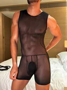 SHEIN 男士弹力网眼透视露背性感紧身衣 - 黑色 - 查看 4