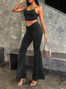 INAWLY Women Summer Solid Color Cropped Slim Fit Camisole Top And Pleated Flared Pants Vacation Outfit - Black - View 4