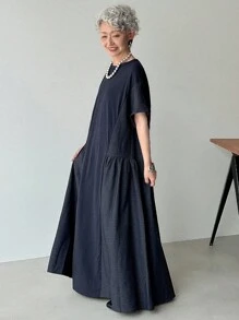 FRIFUL 女士夏季休闲拼接长款连衣裙 - 藏蓝色 - 查看 2