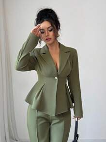 Elenzga 女士秋季长袖西装套装优雅时尚浪漫修身商务 - 軍綠色 - 查看 4