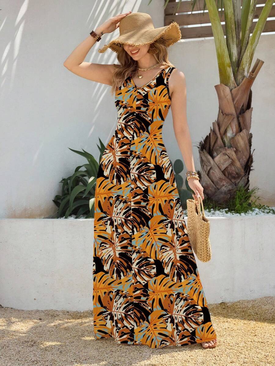 Shutterstock Glamance Full Print V-Neck Sleeveless Dress Casual And Resort Wear For Women Fall Clothes Modest - Yellow - View 1
