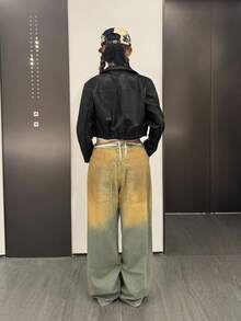 SHEIN 少女短款酷炫开叉皮夹克，秋冬女士仿皮大衣 - 黑色 - 查看 2