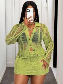 Slaydiva 2025 New Summer Beach, Music Festival, Easter 2Pcs Set For Plus Size Women, Sexy Hollow-Out Long Sleeve Knit Top & Skirt Set - Green - View 4