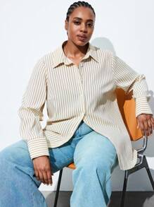 Maija 大码米色条纹休闲百搭商务通勤长袖衬衫秋季女装秋装返校服装返校节朴素复古服装女装老钱女士教师浪漫、时尚、百搭；舒适、时尚、优雅、休闲、简约日常穿着、必备、纯色、假日休闲、得体、单身女士、优雅时尚商务休闲女装外出上衣毕业教师女士秋季女装秋装大码秋季女装秋装返校服装返校节女士冬季女士冬季 - 彩色 - 查看 1