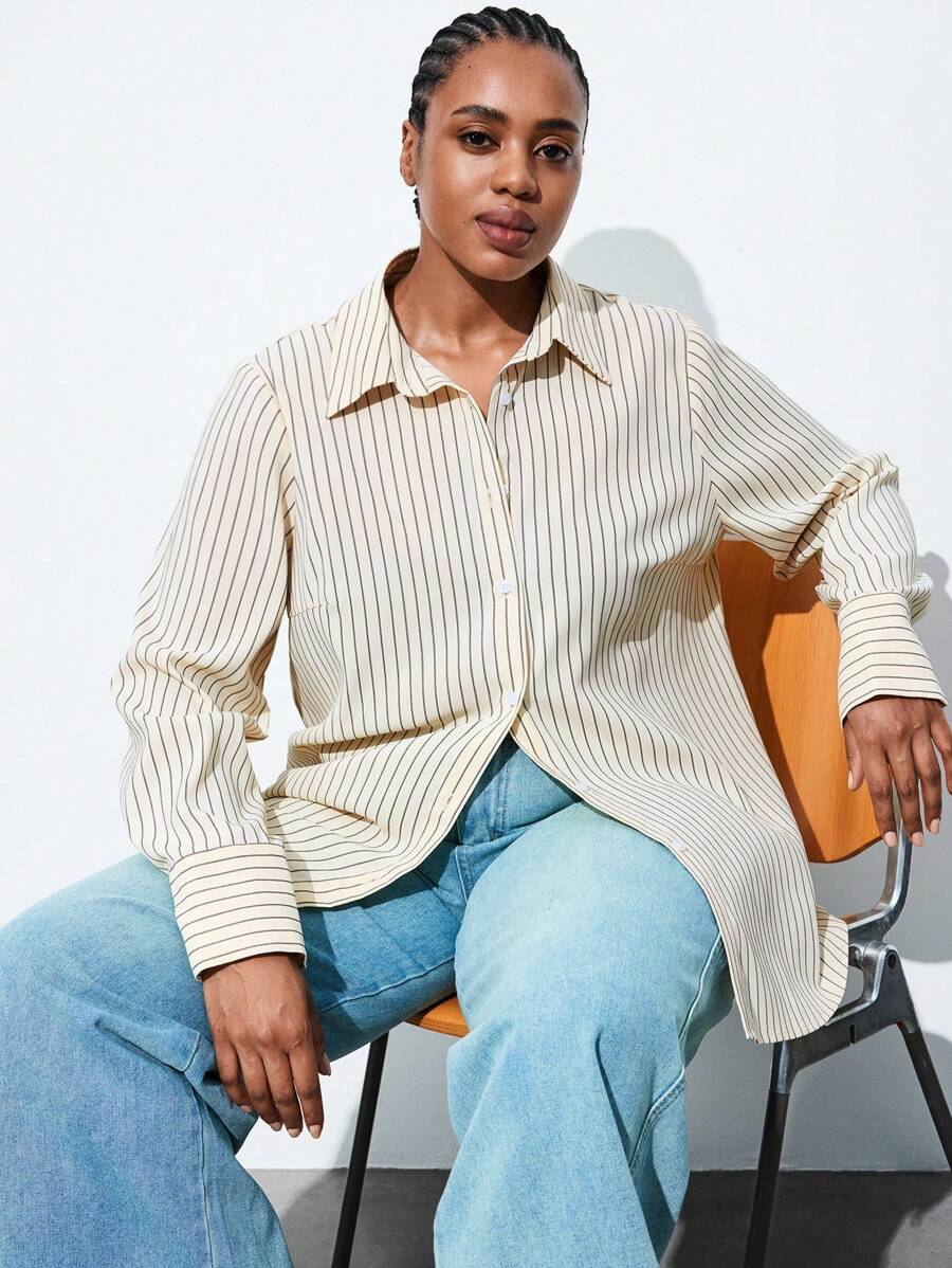 Maija 大码米色条纹休闲百搭商务通勤长袖衬衫秋季女装秋装返校服装返校节朴素复古服装女装老钱女士教师浪漫、时尚、百搭；舒适、时尚、优雅、休闲、简约日常穿着、必备、纯色、假日休闲、得体、单身女士、优雅时尚商务休闲女装外出上衣毕业教师女士秋季女装秋装大码秋季女装秋装返校服装返校节女士冬季女士冬季 - 彩色 - 查看 1