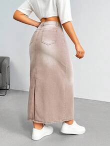 SHEIN EZwear 女式侧袋做旧长款直筒休闲牛仔中长裙 - 咖啡棕 - 查看 3