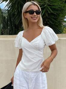 Livesso Áo sơ mi tay bồng trơn màu thanh lịch dành cho nữ, áo trễ vai mùa hè - trắng - Xem 2