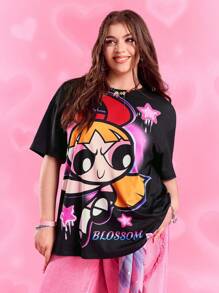 THE POWERPUFF GIRLS X SHEIN 大码女式休闲可爱花朵图案落肩宽松黑色T恤，夏季 - 黑色 - 查看 5