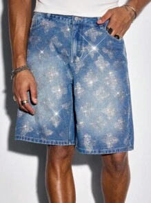 ROMWE MEN Street Life Quần short denim đính đá thời trang mùa hè cho nam - Màu xanh lam - Xem 4