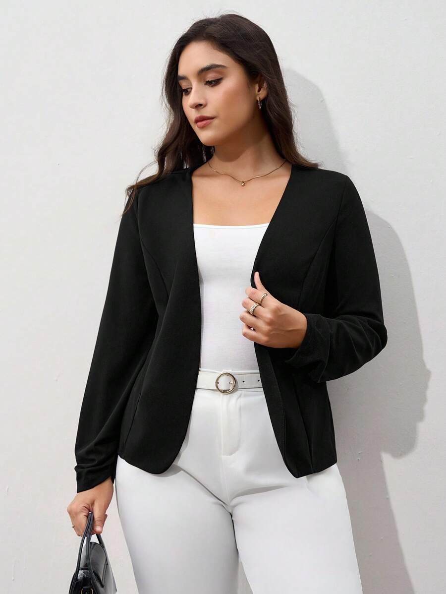 Chikora Plus Solid Ruched Sleeve Jacket,Business Casual Woman Winter Fall Autumn