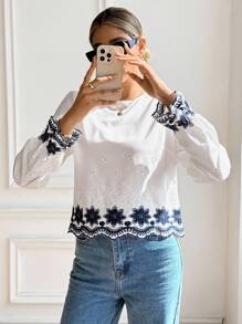 Serisse 女士度假休闲花卉刺绣衬衫 - 藍白色 - 查看 4