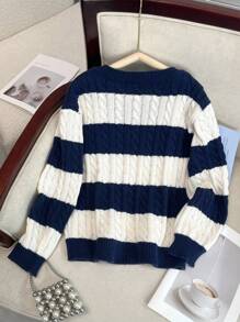 SHEIN Tween Girls' Stripe Contrast Color Twist Rope V-Neck Lantern Sleeve Loose Fit Pullover Sweater, Suitable For Autumn/Winter And Outdoor Wear Fall - Navy Blue - View 2