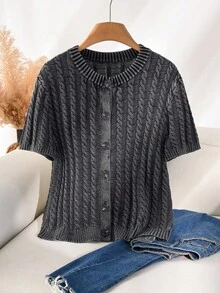 CosyJoli Women Plus Size Casual Washed Melange Cable Knit Short Sleeve Cardigan, Grey Button Up Ribbed Knit Top For Smart Casual Everyday, Fall/Winter - Black - View 5