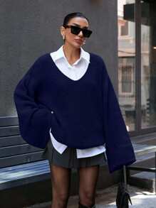 EURMUSE 休闲超大深V领双喇叭袖毛衣 - 藏蓝色 - 查看 6