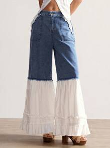 Bohemela Summer/Autumn Women's Vintage Casual Solid Color Woven Wide Leg Loose Fit Jeans Pants, Bohomian Style Vacation Outfits Wide Leg Jeans Women Ruffle Pants Loose Jeans Two Tone Jeans Tiered Ruffle Jeans