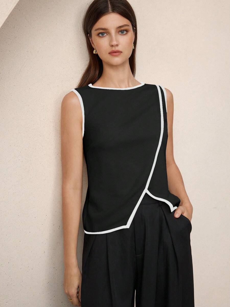 BizChic 2025秋季新款黑白撞色不对称下摆优雅时尚都市浪漫简约乡村风音乐节机场旅行婚礼宾客生日万圣节商务休闲办公室约会派对郊游返校女装上衣 - 黑色 - 查看 1