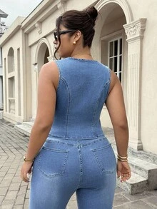 SHEIN ICON Fashionable Casual Embroidered Washed Elastic Sleeveless Jacket - Light Wash - View 2