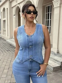 SHEIN ICON Fashionable Casual Embroidered Washed Elastic Sleeveless Jacket - Light Wash - View 6