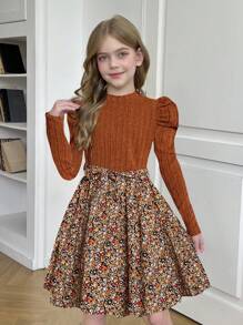 SHEIN Tween Girl Brown Color Boho Knitted Round Neck Long Sleeve Patchwork Ditsy Floral Dress, Suitable For Autumn Winter, Winter Dress For Holiday