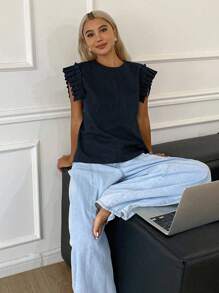 Livesso Nouvelle blouse décontractée à col rond sans manches pour femmes, idéale pour la rentrée scolaire, pour enseignante - Bleu marine - Voir 6