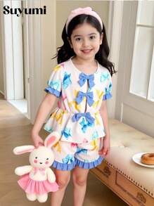 2pcs Tween GirlsButterfly Print Puff Sleeve Blouse And Ruffle Hem Shorts Summer Holiday Outfit - Blue - View 1
