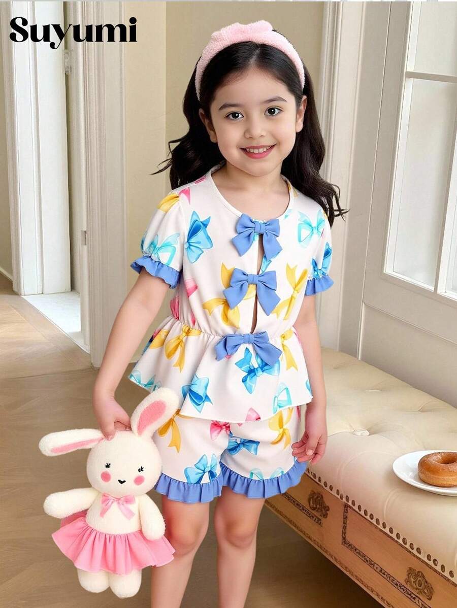 2pcs Tween GirlsButterfly Print Puff Sleeve Blouse And Ruffle Hem Shorts Summer Holiday Outfit - Blue - View 1