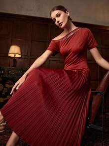 ZEYLAH Vestido Elegante com Decote Assimétrico, Bordado com Cristais, Babados na Barra, Verão - Marrom - Visão 6