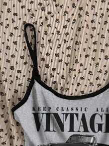 SHEIN Explorewe 青少年休闲复古汽车图案吊带背心，撞色饰边，四季皆宜 - 灰色 - 查看 4