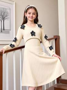 Sparklyn 2 pezzi/set outfit casual per ragazze pre-adolescenti, un top manica lunga decorato con fiori e perle e un vestito a camicia con spalline, abbigliamento elegante e lussuoso per uso esterno - Albicocca - Visualizzare 6