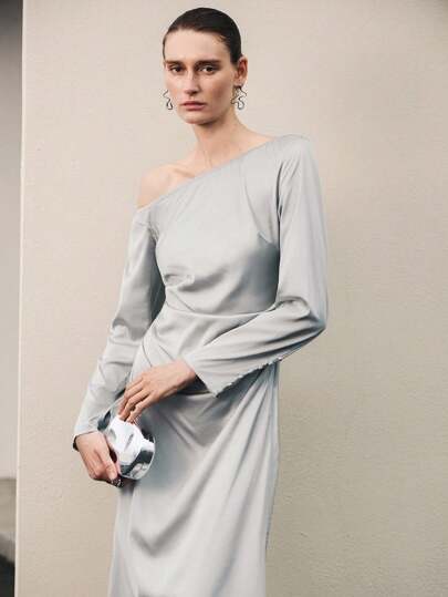 Uhlyne 优雅纯色露肩腰褶S形连衣裙，适合鸡尾酒会