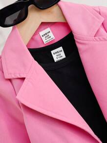 SHEIN Playful Pals 女婴三件套 - 玫瑰粉色长袖翻领休闲西装外套、黑色背心和黑色修身短裤，优雅时尚，适合春秋季日常穿着、拍照和秋冬季旅行。 - 玫紅色 - 查看 6