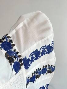 Elamini 蓝白印花拼布荷叶边挂脖系带度假休闲女式背心 - 白色 - 查看 6
