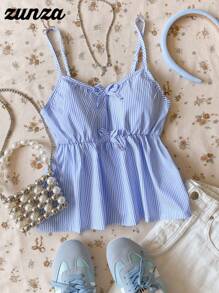 青少年女孩蝴蝶结装饰镂空吊带背心，时尚休闲夏季蓝色条纹背心娃娃背心蓝白条纹夏季上衣夏季上衣可爱夏季上衣 - 藍色 - 查看 6