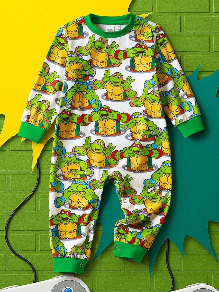 TEENAGE MUTANT NINJA TURTLES | SHEIN Bộ đồ liền thân dài tay in hình chú rùa hoạt hình dễ thương cho bé trai - màu xanh lá - Xem 1