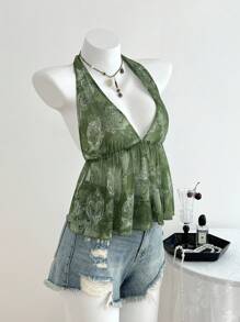 Elamini 女式复古印花 V 领挂脖吊带背心，适合春夏季度假