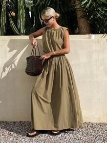 Livesso 2件套女士夏季无袖宽松背心和裙子套装